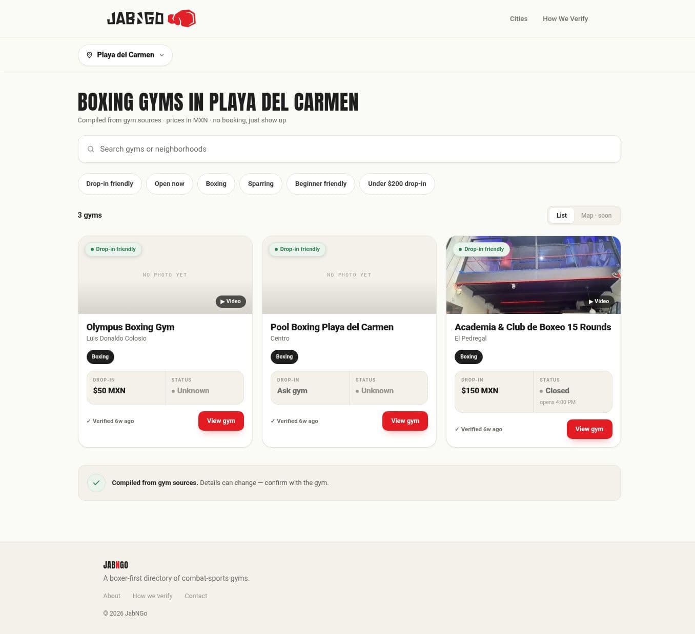 JabNGo directory for Playa del Carmen: the heading Boxing gyms in Playa del Carmen, a full-width search field, six filter buttons, a 3 gyms count with a toggle whose List tab is active and whose Map tab reads “Map · soon”, and three image-led gym cards for Olympus Boxing Gym, Pool Boxing Playa del Carmen and Academia y Club de Boxeo 15 Rounds, each showing drop-in price, status and verification age.