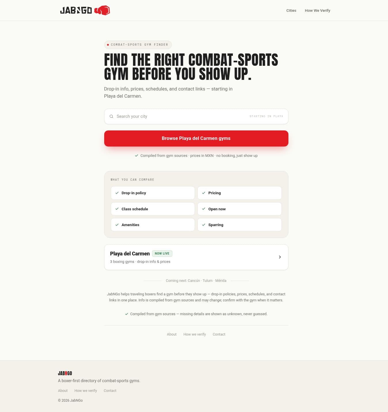 JabNGo homepage: the label Combat-sports gym finder, the headline Find the right combat-sports gym before you show up, a city search field, a red Browse Playa del Carmen gyms button, a What you can compare panel listing drop-in policy, pricing, class schedule, open now, amenities and sparring, and a Playa del Carmen city card marked Now live.