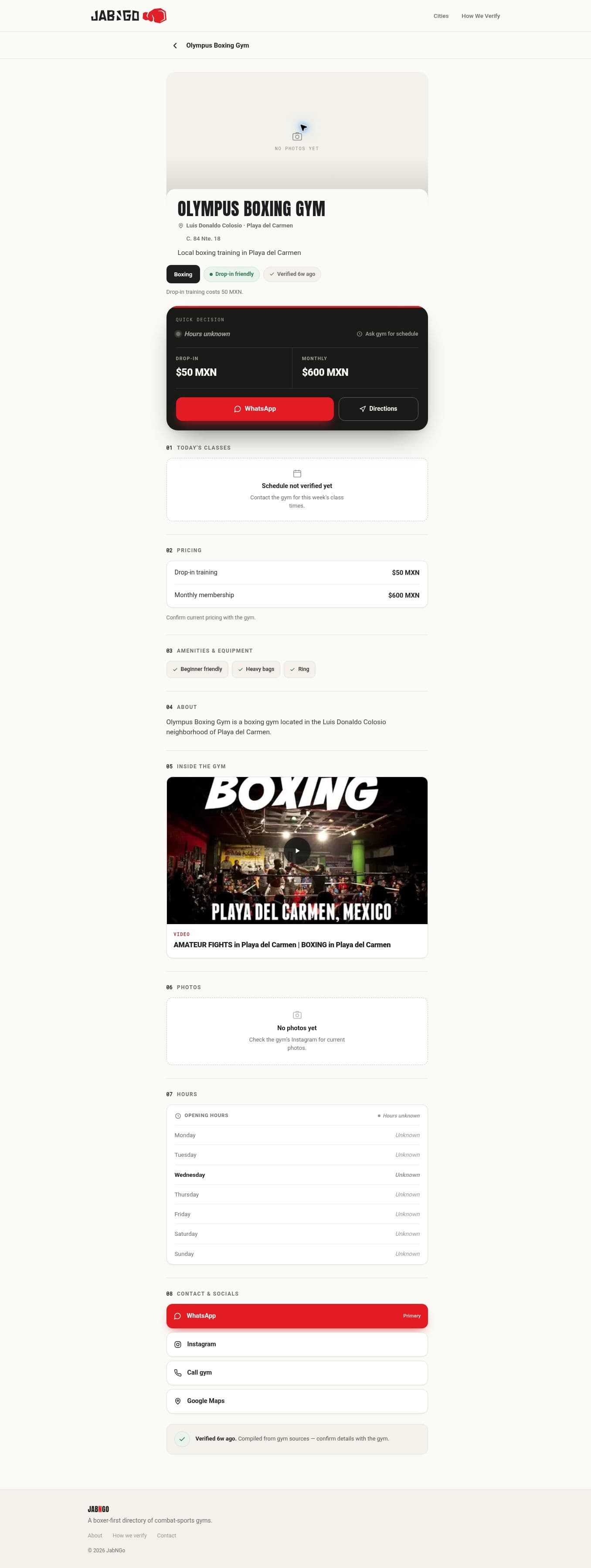 The full Olympus Boxing Gym profile: a no-photos-yet cover, the gym name, neighborhood and address, Boxing / Drop-in friendly / Verified badges, a black Quick Decision panel with a red top edge showing Hours unknown, Ask gym for schedule, $50 MXN drop-in and $600 MXN monthly with WhatsApp and Directions buttons, followed by numbered sections for today’s classes, pricing, amenities, about, video, photos, hours and contact links.
