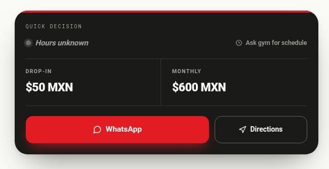 The Quick Decision panel from the Olympus Boxing Gym profile: a black card with a red top edge, the label QUICK DECISION, Hours unknown, Ask gym for schedule, drop-in $50 MXN, monthly $600 MXN, and red WhatsApp and outlined Directions buttons.